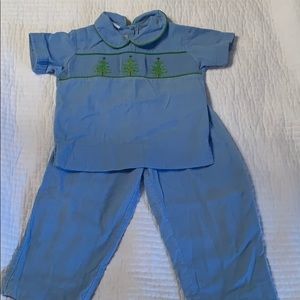 Two piece Christmas tree smocked outfit